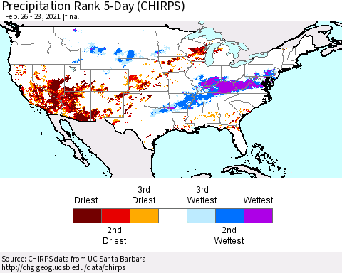 United States Precipitation Rank 5-Day (CHIRPS) Thematic Map For 2/26/2021 - 2/28/2021