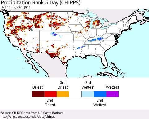 United States Precipitation Rank since 1981, 5-Day (CHIRPS) Thematic Map For 3/1/2021 - 3/5/2021