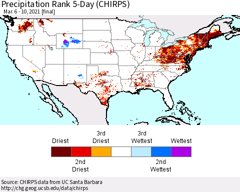 United States Precipitation Rank since 1981, 5-Day (CHIRPS) Thematic Map For 3/6/2021 - 3/10/2021