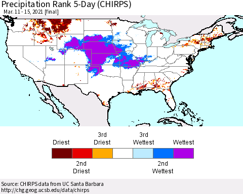 United States Precipitation Rank since 1981, 5-Day (CHIRPS) Thematic Map For 3/11/2021 - 3/15/2021
