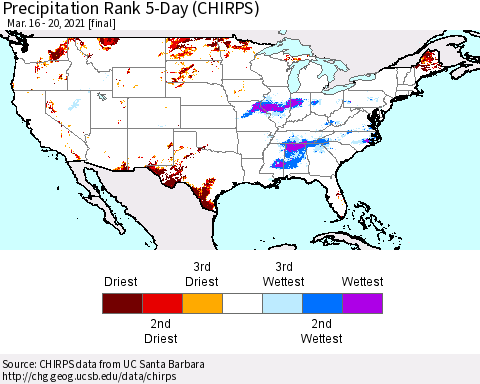 United States Precipitation Rank since 1981, 5-Day (CHIRPS) Thematic Map For 3/16/2021 - 3/20/2021