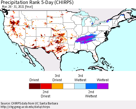 United States Precipitation Rank since 1981, 5-Day (CHIRPS) Thematic Map For 3/26/2021 - 3/31/2021