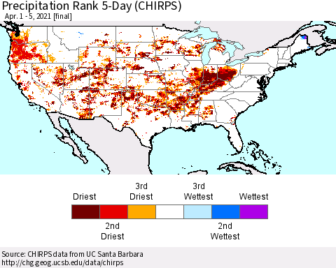 United States Precipitation Rank since 1981, 5-Day (CHIRPS) Thematic Map For 4/1/2021 - 4/5/2021