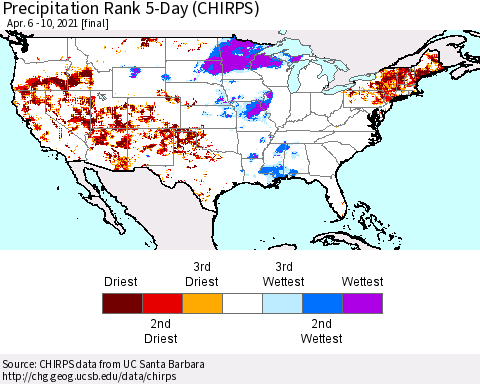 United States Precipitation Rank 5-Day (CHIRPS) Thematic Map For 4/6/2021 - 4/10/2021