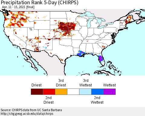 United States Precipitation Rank since 1981, 5-Day (CHIRPS) Thematic Map For 4/11/2021 - 4/15/2021