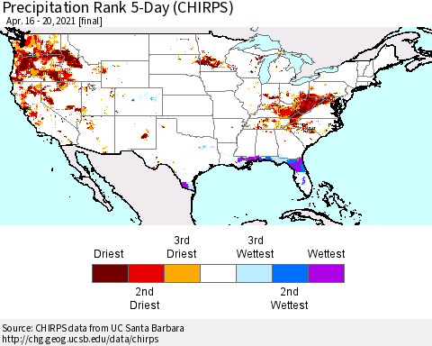 United States Precipitation Rank since 1981, 5-Day (CHIRPS) Thematic Map For 4/16/2021 - 4/20/2021