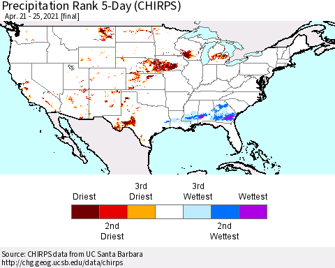 United States Precipitation Rank since 1981, 5-Day (CHIRPS) Thematic Map For 4/21/2021 - 4/25/2021