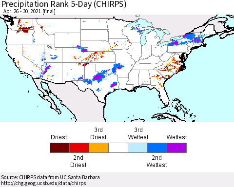 United States Precipitation Rank 5-Day (CHIRPS) Thematic Map For 4/26/2021 - 4/30/2021
