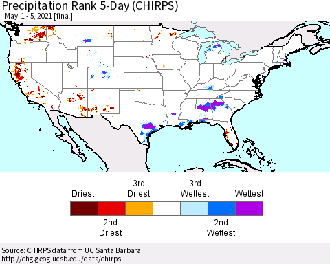 United States Precipitation Rank since 1981, 5-Day (CHIRPS) Thematic Map For 5/1/2021 - 5/5/2021