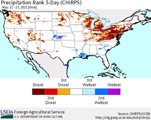 United States Precipitation Rank 5-Day (CHIRPS) Thematic Map For 5/11/2021 - 5/15/2021