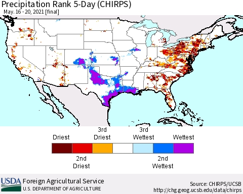 United States Precipitation Rank 5-Day (CHIRPS) Thematic Map For 5/16/2021 - 5/20/2021