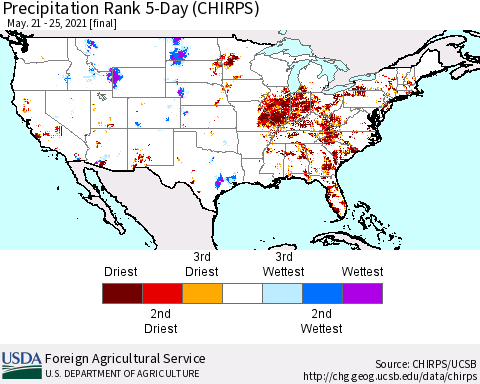 United States Precipitation Rank 5-Day (CHIRPS) Thematic Map For 5/21/2021 - 5/25/2021