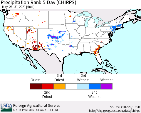 United States Precipitation Rank since 1981, 5-Day (CHIRPS) Thematic Map For 5/26/2021 - 5/31/2021