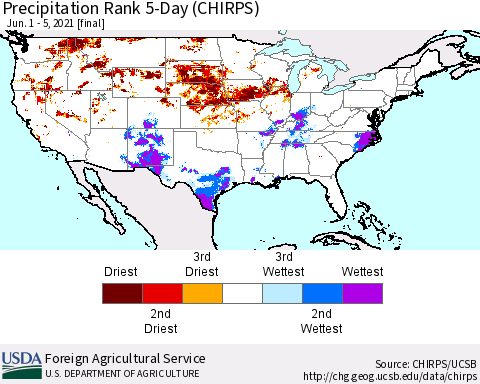 United States Precipitation Rank since 1981, 5-Day (CHIRPS) Thematic Map For 6/1/2021 - 6/5/2021