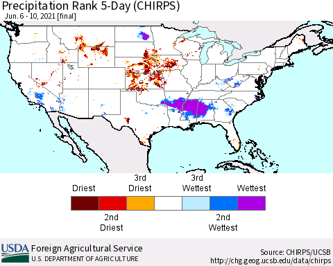 United States Precipitation Rank since 1981, 5-Day (CHIRPS) Thematic Map For 6/6/2021 - 6/10/2021