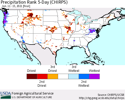 United States Precipitation Rank since 1981, 5-Day (CHIRPS) Thematic Map For 6/11/2021 - 6/15/2021