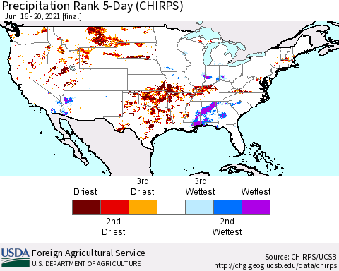 United States Precipitation Rank since 1981, 5-Day (CHIRPS) Thematic Map For 6/16/2021 - 6/20/2021