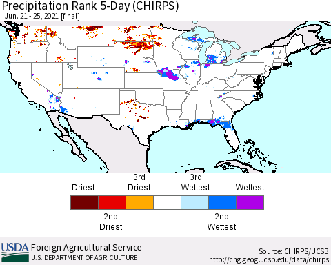 United States Precipitation Rank 5-Day (CHIRPS) Thematic Map For 6/21/2021 - 6/25/2021