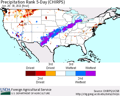 United States Precipitation Rank 5-Day (CHIRPS) Thematic Map For 6/26/2021 - 6/30/2021
