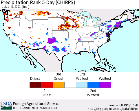 United States Precipitation Rank 5-Day (CHIRPS) Thematic Map For 7/1/2021 - 7/5/2021