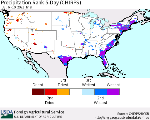 United States Precipitation Rank 5-Day (CHIRPS) Thematic Map For 7/6/2021 - 7/10/2021