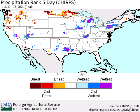 United States Precipitation Rank since 1981, 5-Day (CHIRPS) Thematic Map For 7/11/2021 - 7/15/2021