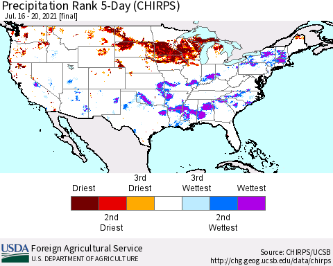 United States Precipitation Rank 5-Day (CHIRPS) Thematic Map For 7/16/2021 - 7/20/2021