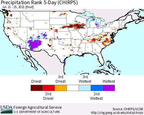 United States Precipitation Rank since 1981, 5-Day (CHIRPS) Thematic Map For 7/21/2021 - 7/25/2021