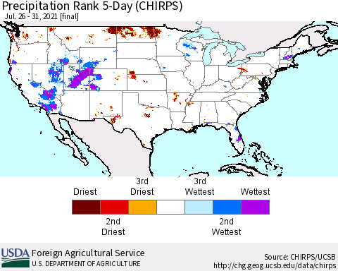 United States Precipitation Rank since 1981, 5-Day (CHIRPS) Thematic Map For 7/26/2021 - 7/31/2021