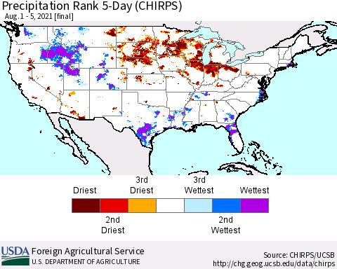 United States Precipitation Rank since 1981, 5-Day (CHIRPS) Thematic Map For 8/1/2021 - 8/5/2021