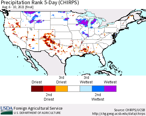 United States Precipitation Rank 5-Day (CHIRPS) Thematic Map For 8/6/2021 - 8/10/2021