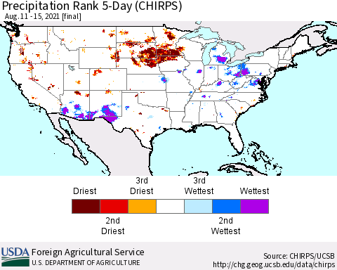 United States Precipitation Rank 5-Day (CHIRPS) Thematic Map For 8/11/2021 - 8/15/2021