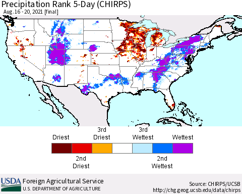 United States Precipitation Rank since 1981, 5-Day (CHIRPS) Thematic Map For 8/16/2021 - 8/20/2021