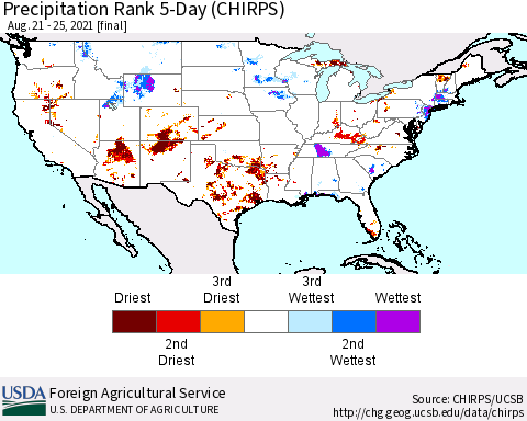 United States Precipitation Rank 5-Day (CHIRPS) Thematic Map For 8/21/2021 - 8/25/2021