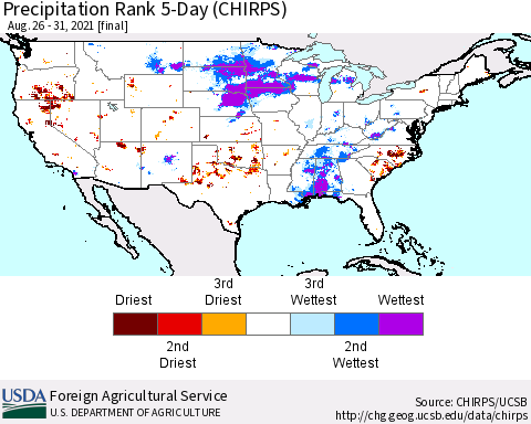 United States Precipitation Rank since 1981, 5-Day (CHIRPS) Thematic Map For 8/26/2021 - 8/31/2021