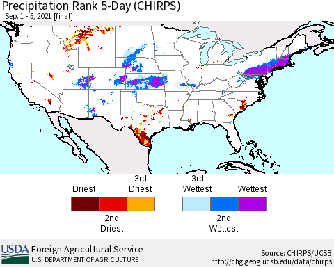 United States Precipitation Rank since 1981, 5-Day (CHIRPS) Thematic Map For 9/1/2021 - 9/5/2021