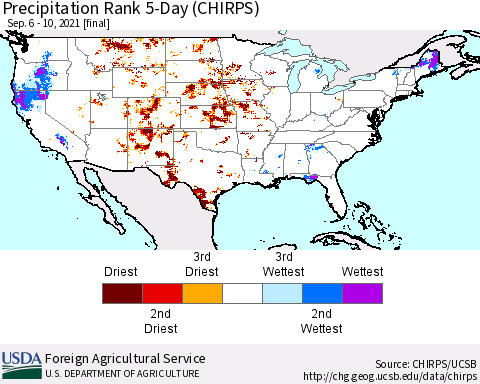 United States Precipitation Rank since 1981, 5-Day (CHIRPS) Thematic Map For 9/6/2021 - 9/10/2021