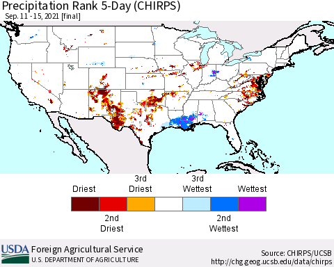 United States Precipitation Rank 5-Day (CHIRPS) Thematic Map For 9/11/2021 - 9/15/2021