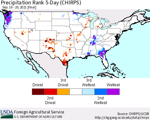United States Precipitation Rank 5-Day (CHIRPS) Thematic Map For 9/16/2021 - 9/20/2021
