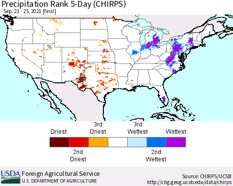 United States Precipitation Rank since 1981, 5-Day (CHIRPS) Thematic Map For 9/21/2021 - 9/25/2021
