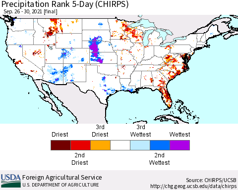 United States Precipitation Rank since 1981, 5-Day (CHIRPS) Thematic Map For 9/26/2021 - 9/30/2021
