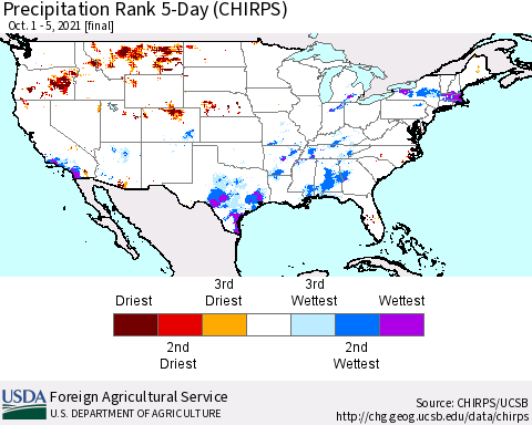 United States Precipitation Rank 5-Day (CHIRPS) Thematic Map For 10/1/2021 - 10/5/2021
