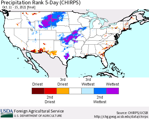 United States Precipitation Rank since 1981, 5-Day (CHIRPS) Thematic Map For 10/11/2021 - 10/15/2021