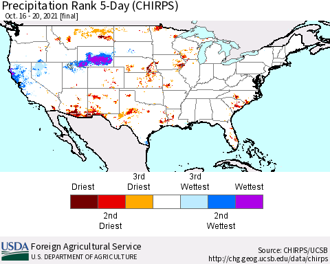 United States Precipitation Rank since 1981, 5-Day (CHIRPS) Thematic Map For 10/16/2021 - 10/20/2021