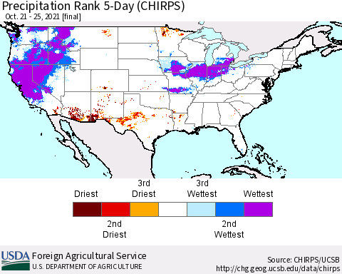 United States Precipitation Rank 5-Day (CHIRPS) Thematic Map For 10/21/2021 - 10/25/2021