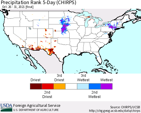 United States Precipitation Rank since 1981, 5-Day (CHIRPS) Thematic Map For 10/26/2021 - 10/31/2021