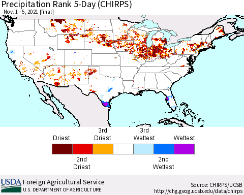 United States Precipitation Rank 5-Day (CHIRPS) Thematic Map For 11/1/2021 - 11/5/2021