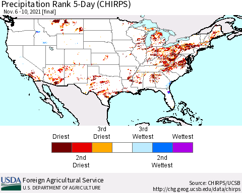 United States Precipitation Rank 5-Day (CHIRPS) Thematic Map For 11/6/2021 - 11/10/2021
