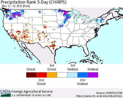 United States Precipitation Rank 5-Day (CHIRPS) Thematic Map For 11/11/2021 - 11/15/2021