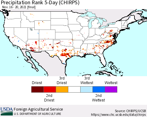 United States Precipitation Rank since 1981, 5-Day (CHIRPS) Thematic Map For 11/16/2021 - 11/20/2021